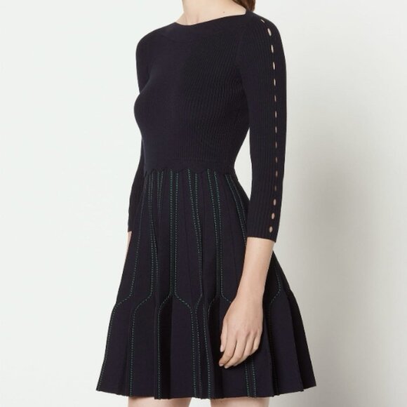 Sandro Ribbed Knit Pleated Fit & Flare Dress Pointelle Navy Green Size 36 - Picture 1 of 7